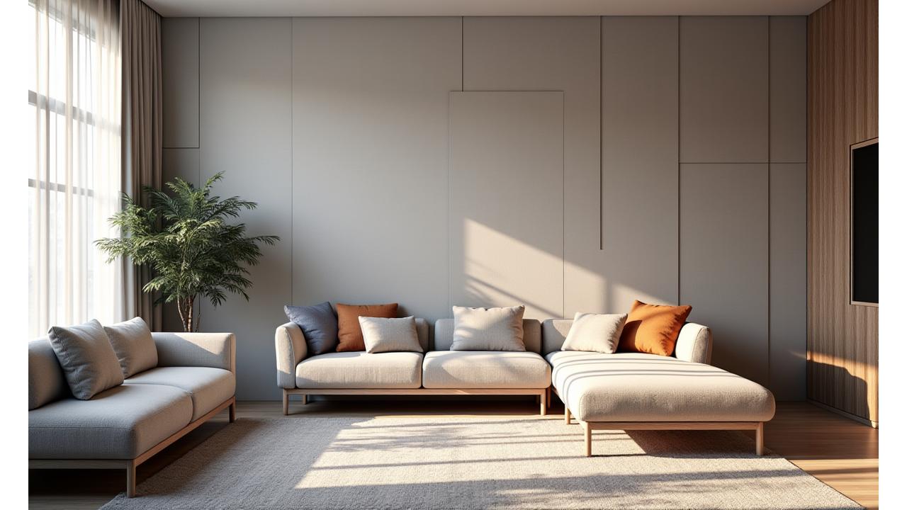 Stilrent interiør med geometriske akustikkpaneler og tekstiler som demper lydbølger