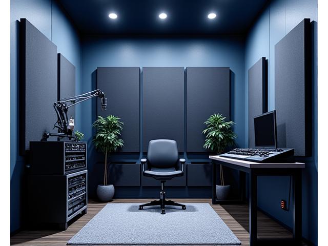 Et profesjonelt hjemmestudio med lydisolerende tekstiler og optimalisert akustikk for musikkproduksjon.