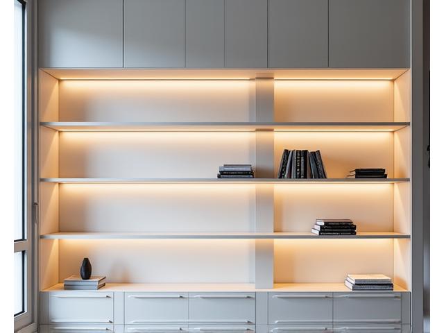 Moderne veggpanel med integrerte LED-strips som skaper geometriske lysmønstre.