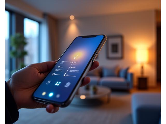 En elegant hånd holder en smarttelefon som viser en app for belysningskontroll, med et moderne interiør og belysning som skifter farger og intensitet i bakgrunnen.