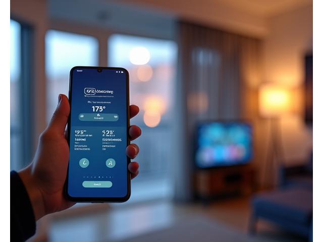 Detaljert bilde som viser en hånd som justerer et elegant smart belysningspanel, med et display som viser fargetemperatur og lysintensitet. Moderne, minimalistisk interiør i bakgrunnen.