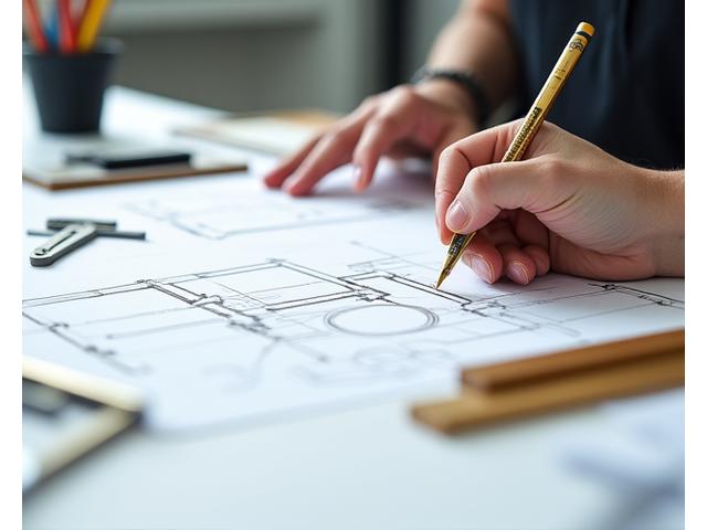 Designer som skisserer møbeldesign basert på geometriske former og matematiske proporsjoner