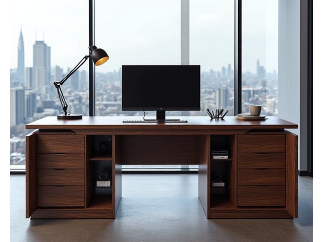 Moderne, ergonomisk skrivebord i valnøtt med integrert teknologihåndtering for et kontor i Bygdøy