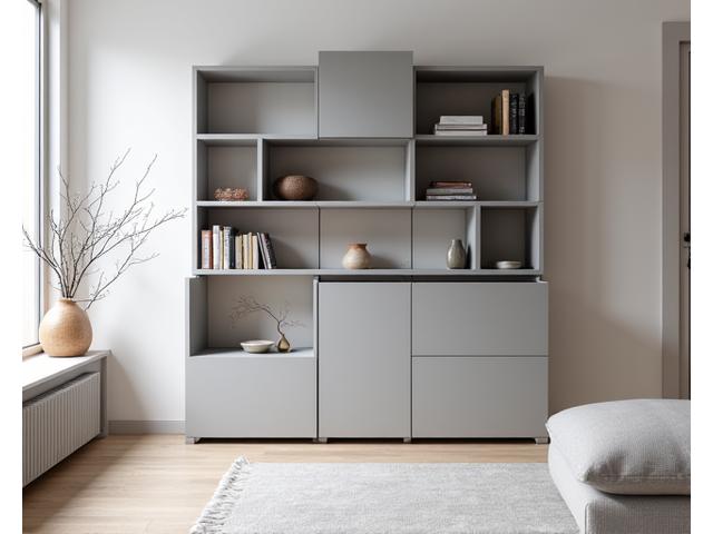 Modulære oppbevaringsløsninger med rene linjer og integrerte geometriske mønstre