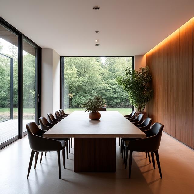 Skreddersydd spisebord i eik med trapezformet base i en lys villa i Oslo