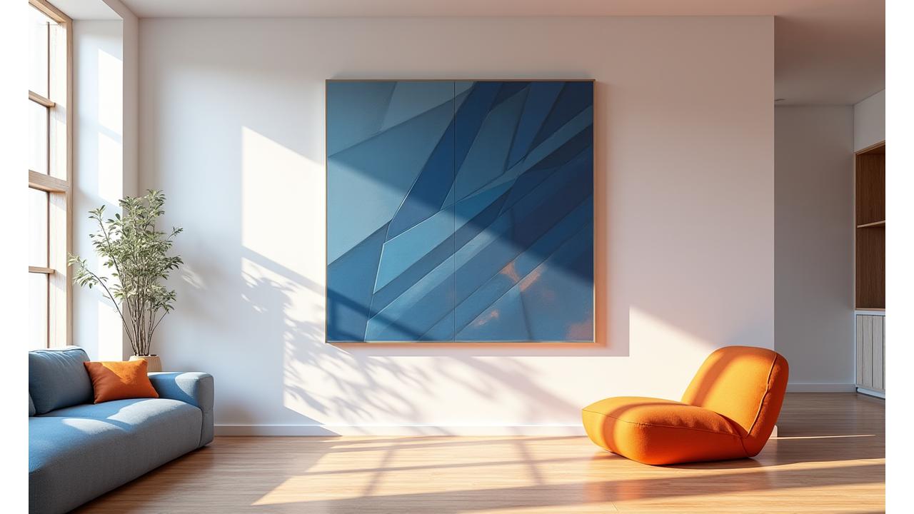 Monumental geometrisk kunstinstallasjon i et moderne rom. Kunstverket viser komplekse, men harmoniske former i merkets farger, med interaktive lyseffekter.