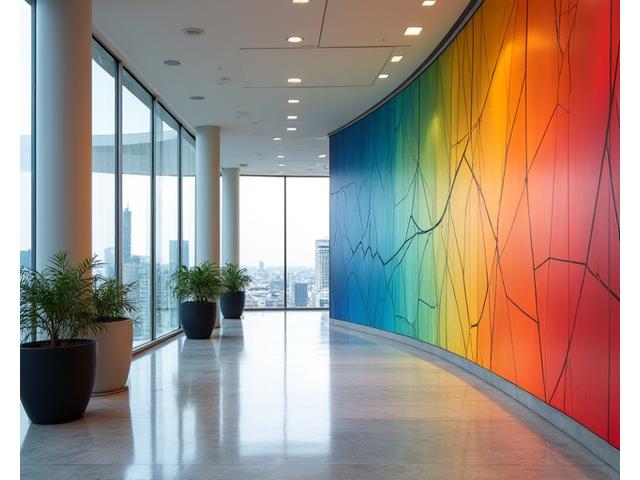 Før og etter-bilde av et kontorlandskap. Før-bildet viser et intetsigende rom, etter-bildet viser samme rom beriket med en stor, inspirerende geometrisk vegginstallasjon.