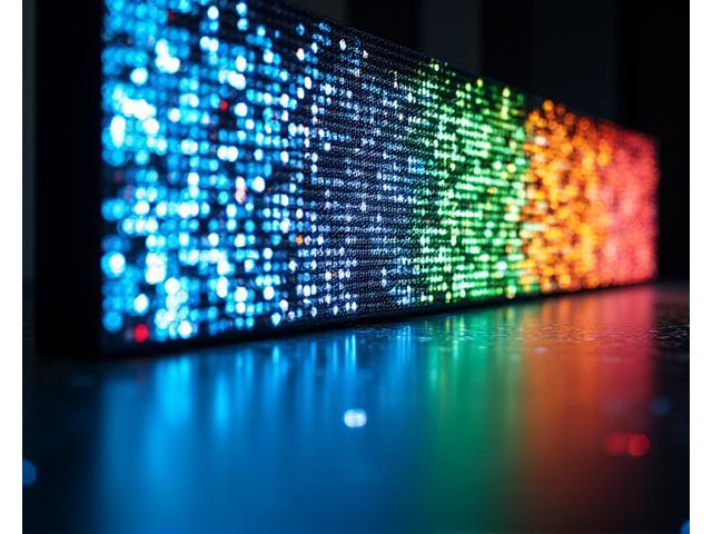 LED-matrise som viser komplekse, programmerbare geometriske mønstre i et mørkt rom, reflekterende lys.