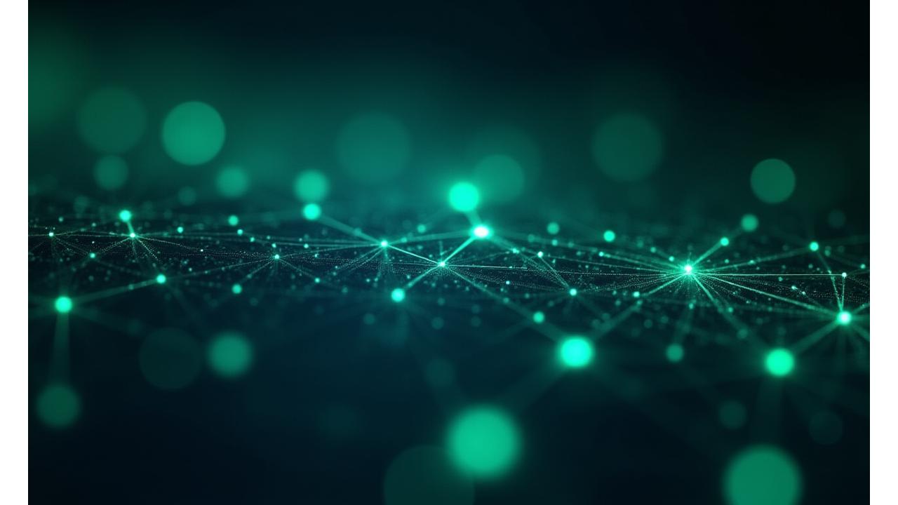 Et intrikat, geometrisk nettverk av lysende linjer som representerer et sikkert digitalt datanettverk, over en rolig, mørk bakgrunn.