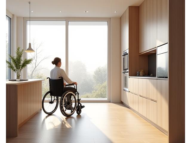 Et tilgjengelig, moderne hjem i Oslo med stemmestyrt teknologi for bevegelseshemmede. Store glassflater, naturlig lys, med smarte sensorer og en rullestolbrukervennlig design.