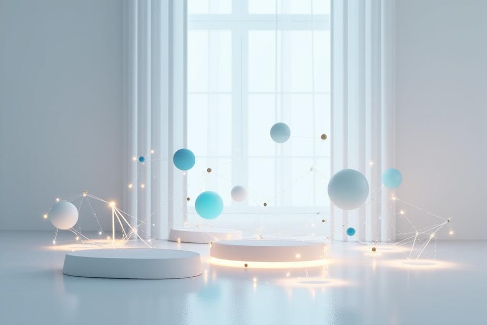 Et abstrakt 3D-render som visualiserer et nettverk av smarthjem-enheter (lys, termostat, høyttaler) forbundet med subtile, glødende linjer, integrert i et skandinavisk, minimalistisk rom. Geometriske mønstre i bakgrunnen.