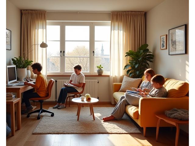 Et travelt familiedagsrom i Oslo med diskret integrert smarthjem-teknologi. En familie hygger seg, og teknologifunksjoner (som smart-TV eller temperatursensor) er sømløst plassert.