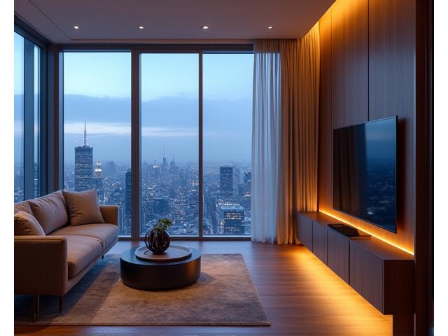 Et luksuriøst, moderne Oslo-leilighet med panoramautsikt og integrert, diskret smarthjem-teknologi som styrer belysning og gardiner. Store vinduer og minimalistisk design.