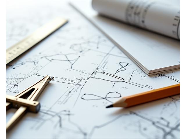 Detaljert bilde av geometriske mønstre skissert med passersett og linjaler på en tegneplate