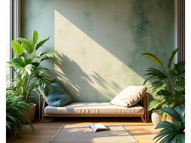 Organiske geometriske mønstre i grønne og brune nyanser på tapet i en avslappende lesekrok