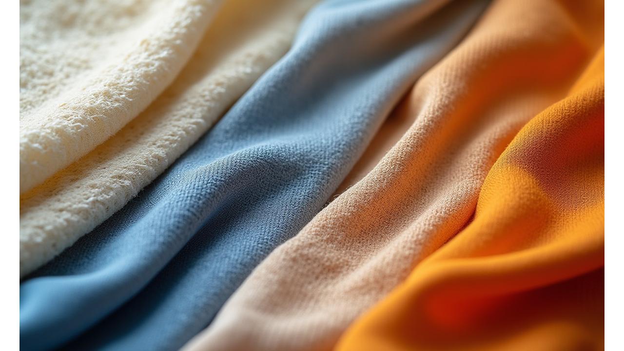 Nærbilde av ulike tekstiler som ull, lin og silke, fremhever deres naturlige tekstur og kvalitet