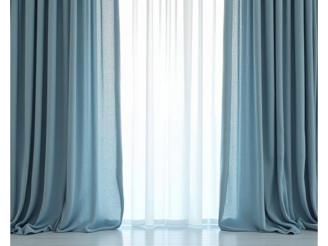 Draperte gardiner med et diskret, geometrisk mønster i en beroligende fargepalett