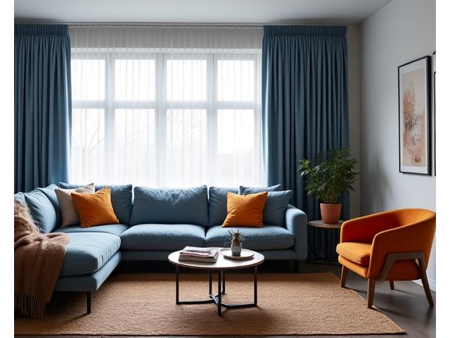 Et moderne oppholdsrom med koordinerte gardiner, puter og et geometrisk teppe